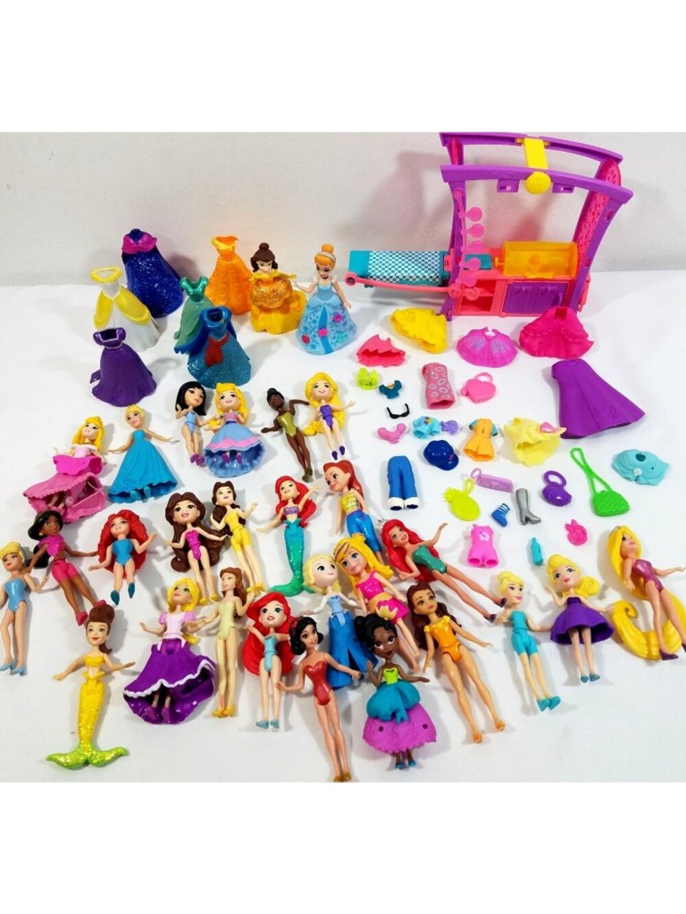Polly Pocket Dolls Clothes more 75+ pcs Disney Princesses Magic Clip On Dresses